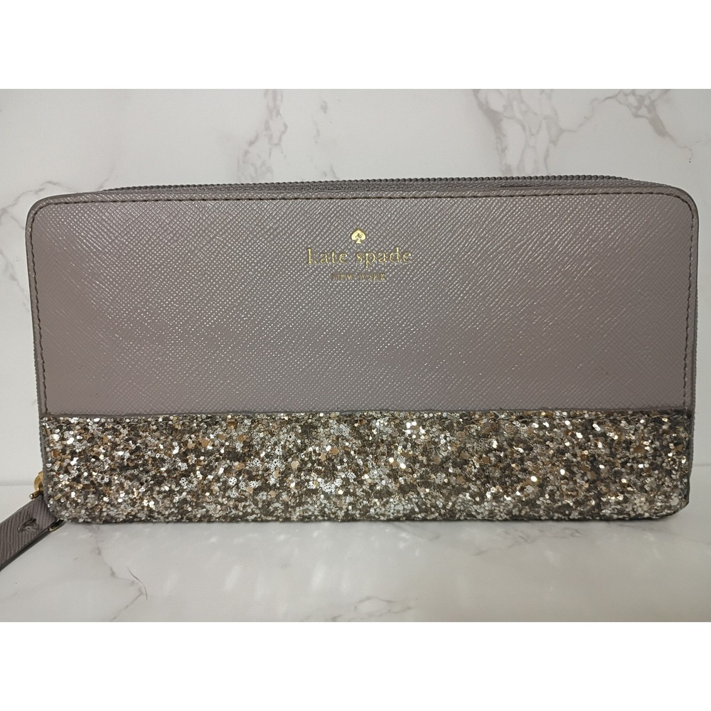 KATE SPADE Greta Court Glitter Neda Cityscape Gray/Mocha Leather Wallet - NWOT